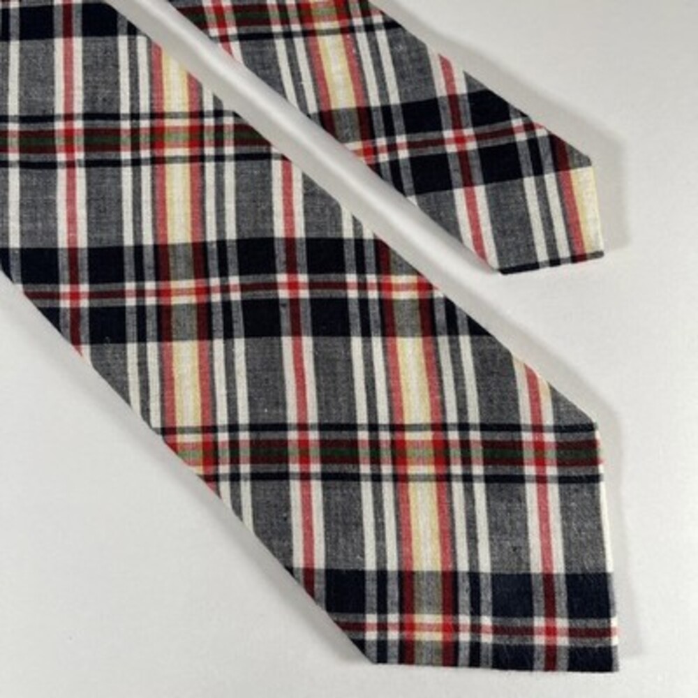 J Crew Men's Cotton Plaid Tie Navy Blue White Red 3-1/2 X 59 Necktie